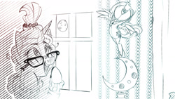 Size: 1280x720 | Tagged: safe, artist:v747, moondancer, princess luna, alicorn, pony, moon, sketch, window