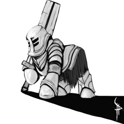 Size: 894x894 | Tagged: artist needed, safe, armor, dark souls, iron tarkus, monochrome, solo, sword