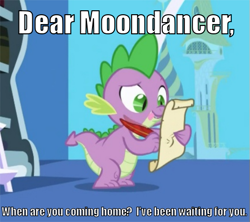 Size: 511x453 | Tagged: safe, edit, edited screencap, editor:scrounge, screencap, moondancer, spike, dragon, friendship is magic, caption, exploitable meme, image macro, letter, male, meme, quill, shipping, spike's love letters, spikedancer, straight, tongue out