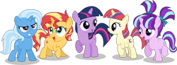 Size: 10000x3667 | Tagged: safe, artist:limedazzle, moondancer, starlight glimmer, sunset shimmer, trixie, twilight sparkle, unicorn twilight, pony, unicorn, absurd resolution, counterparts, cute, dancerbetes, diatrixes, filly, filly moondancer, filly starlight glimmer, filly sunset shimmer, filly trixie, filly twilight sparkle, glimmerbetes, hnnng, magical quartet, magical quintet, magical trio, open mouth, shimmerbetes, simple background, smiling, transparent background, twiabetes, twilight's counterparts, vector, younger