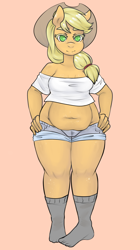 Size: 900x1604 | Tagged: safe, artist:pettankochanv, applejack, anthro, plantigrade anthro, applebucking thighs, chubby, clothes, daisy dukes, hat, looking at you, plump, shorts, simple background, socks, solo, standing, strong fat
