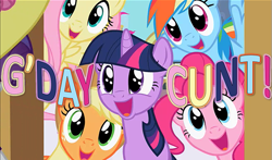 Size: 585x344 | Tagged: safe, applejack, fluttershy, pinkie pie, rainbow dash, twilight sparkle, earth pony, pegasus, pony, caption, captioned screencap, vulgar