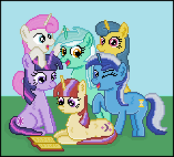 Size: 471x426 | Tagged: safe, artist:8-bitbrony, lemon hearts, lyra heartstrings, minuette, moondancer, twilight sparkle, twinkleshine, alternate mane six, book, canterlot six, mane six opening poses, pixel art, prone, raised hoof, reading, sitting