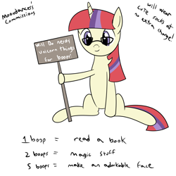 Size: 1600x1600 | Tagged: safe, artist:joey, moondancer, pony, unicorn, bronybait, cute, glasses, hoof hold, nerd, sign, simple background, sitting, solo, text, white background, will x for y