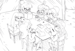 Size: 2039x1377 | Tagged: safe, artist:helloiamyourfriend, moondancer, sci-twi, starlight glimmer, sunset shimmer, trixie, twilight sparkle, equestria girls, /mlp/, black and white, counterparts, drawthread, dungeons and dragons, glasses, grayscale, lineart, monochrome, rpg, twilight's counterparts, twolight