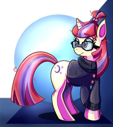 Size: 1024x1142 | Tagged: safe, artist:lalichan94, moondancer, pony, clothes, crossed hooves, glasses, solo, sweater