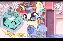 Size: 3500x2262 | Tagged: safe, artist:avchonline, lyra heartstrings, moondancer, :3, black bars, blushing, bow, canterlot royal ballet academy, caption, clothes, comic, cookie, dress, evening gloves, food, glasses, gloves, hair bow, jewelry, long gloves, stars, tiara