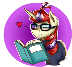 Size: 1300x1200 | Tagged: safe, artist:jack-pie, moondancer, pony, book, clothes, glasses, heart, one eye closed, signature, simple background, solo, wink