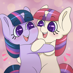 Size: 1280x1280 | Tagged: safe, artist:fawness, moondancer, twilight sparkle, pony, unicorn, 30 minute art challenge, abstract background, blushing, colored pupils, cute, dancerbetes, duo, female, filly, filly moondancer, filly twilight sparkle, hug, looking at each other, open mouth, pink background, simple background, smiling, twiabetes, twidancer