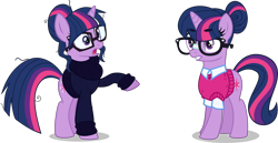 Size: 9000x4644 | Tagged: safe, artist:limedazzle, artist:orin331, moondancer, sci-twi, twilight sparkle, unicorn twilight, pony, unicorn, absurd resolution, alternate hairstyle, alternate universe, clothes, eyebrows visible through hair, glasses, hair bun, moondancer's sweater, open mouth, raised hoof, simple background, surprised, sweater, transparent background, unicorn sci-twi, vector