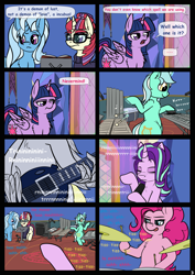 Size: 4961x7016 | Tagged: safe, artist:duop-qoub, derpy hooves, lyra heartstrings, moondancer, pinkie pie, starlight glimmer, trixie, twilight sparkle, twilight sparkle (alicorn), alicorn, earth pony, pegasus, pony, unicorn, absurd resolution, bipedal, chest fluff, comic, dialogue, drums, ear fluff, female, glasses, guitar, hoof hold, mare, shoulder fluff, tongue out, wing hands