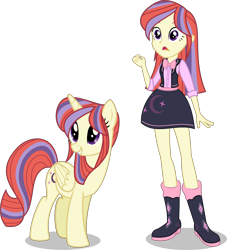 Size: 8607x9500 | Tagged: safe, artist:limedazzle, moondancer, alicorn, pony, unicorn, equestria girls, absurd resolution, alicornified, alternate hairstyle, alternate universe, backwards cutie mark, boots, bowtie, clothes, crescent moon, cute, equestria girls-ified, female, high heel boots, human ponidox, legs, mare, moon, open mouth, race swap, self ponidox, simple background, skirt, transparent background, vector