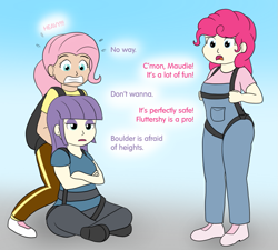 Size: 939x844 | Tagged: safe, artist:phallen1, fluttershy, maud pie, pinkie pie, human, air ponyville, chubby, dialogue, heavy, humanized, parachute, sitting