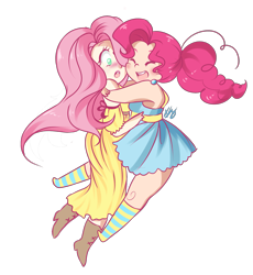 Size: 1903x2071 | Tagged: safe, artist:pyonkotcchi, fluttershy, pinkie pie, human, blushing, chubby, clothes, dress, female, flutterpie, hape, hug, humanized, jumping, lesbian, shipping