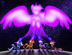 Size: 3300x2550 | Tagged: safe, artist:draikinator, moondancer, starlight glimmer, sunset shimmer, trixie, twilight sparkle, twilight sparkle (alicorn), alicorn, pony, unicorn, badass, counterparts, epic, glowing eyes, glowing horn, magic, magical quintet, space, stars, twilight's counterparts