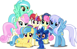 Size: 6000x3849 | Tagged: safe, artist:orin331, bon bon, lemon hearts, lyra heartstrings, minuette, moondancer, sweetie drops, twinkleshine, oc, oc:dipper, alicorn, pegasus, pony, unicorn, ursa minor, absurd resolution, alicornified, alternate hairstyle, alternate universe, dancerverse, female, flying, group, looking at you, mare, prone, race swap, simple background, transparent background, ursa minimus