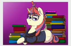 Size: 5950x3850 | Tagged: safe, artist:lula-moonarts, moondancer, pony, unicorn, absurd resolution, book, clothes, crossed hooves, female, glasses, mare, solo, sweater