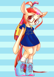 Size: 2039x2894 | Tagged: safe, artist:unousaya, moondancer, pony, semi-anthro, unicorn, backpack, bipedal, clothes, cute, female, glasses, looking at you, mare, shirt, shoes, smiling, sneakers, solo