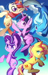 Size: 770x1190 | Tagged: safe, artist:kawaiipony2, moondancer, starlight glimmer, sunset shimmer, trixie, twilight sparkle, twilight sparkle (alicorn), alicorn, pony, unicorn, cloud, colored pupils, counterparts, cute, dancerbetes, diatrixes, female, floating, glasses, glimmerbetes, group, magic, magical quintet, mare, one eye closed, shimmerbetes, sky, twiabetes, twilight's counterparts, wink