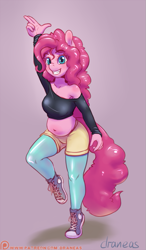 Size: 521x890 | Tagged: safe, artist:draneas, pinkie pie, anthro, plantigrade anthro, belly button, chubby, clothes, converse, looking at you, pantyhose, plump, shoes, smiling, sneakers, solo, tights