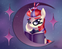 Size: 1138x900 | Tagged: safe, artist:nika191319, moondancer, pony, unicorn, book, clothes, crescent moon, cute, cutie mark, female, glasses, looking at you, mare, moon, solo, sweater