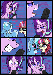 Size: 4961x7016 | Tagged: safe, artist:duop-qoub, moondancer, starlight glimmer, trixie, pony, unicorn, absurd resolution, chest fluff, comic, counterparts, eeee, eyes closed, glowing horn, grin, looking at each other, open mouth, singing, smiling, song reference, twilight's counterparts