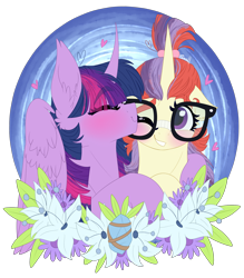 Size: 1894x2166 | Tagged: safe, artist:cloud-drawings, moondancer, twilight sparkle, twilight sparkle (alicorn), alicorn, pony, unicorn, blushing, eyes closed, female, glasses, hug, kissing, lesbian, mare, nuzzling, shipping, smiling, twidancer