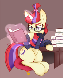 Size: 1569x1945 | Tagged: safe, artist:akainu_pony, moondancer, pony, book, clothes, magic, solo, sweater