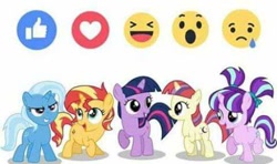 Size: 480x284 | Tagged: safe, moondancer, starlight glimmer, sunset shimmer, trixie, twilight sparkle, unicorn twilight, pony, unicorn, counterparts, emoji, facebook, facebook reactions, female, filly, filly moondancer, filly starlight glimmer, filly sunset shimmer, filly trixie, filly twilight sparkle, magical quartet, magical quintet, magical trio, mare, simple background, twilight's counterparts, white background, young, younger, 👍