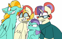 Size: 1280x800 | Tagged: safe, artist:anthillthesilverfan, lightning dust, moondancer, oc, oc:cumulus snow, oc:pyrobolt, pegasus, pony, unicorn, braces, crack shipping, female, lesbian, mare, moondust (ship), offspring, one eye closed, parent:lightning dust, parent:moondancer, parents:moondust, shipping, simple background, white background, wink