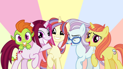 Size: 8000x4500 | Tagged: safe, artist:limedazzle, cayenne, citrus blush, moondancer, north point, thorax, alicorn, dragon, earth pony, pony, unicorn, amending fences, absurd resolution, alicornified, alternate universe, dragonified, glasses, moondancercorn, one eye closed, race swap, raised hoof, species swap, wink