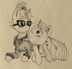 Size: 1756x1671 | Tagged: artist needed, safe, moondancer, trixie, pony, unicorn, blushing, clothes, female, glasses, lesbian, looking at each other, mare, monochrome, shipping, sweater, traditional art, trickdancer