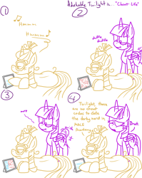 Size: 1280x1611 | Tagged: safe, artist:adorkabletwilightandfriends, moondancer, twilight sparkle, twilight sparkle (alicorn), alicorn, pony, comic:adorkable twilight and friends, adorkable twilight, comic, lineart, slice of life