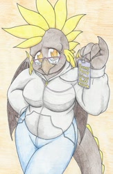 Size: 723x1106 | Tagged: safe, artist:flicker-show, artist:sunnyponycitrusbutt, oc, oc only, anthro, dragon, breasts, chubby, clothes, female, glasses, hips, id, solo, sweater, traditional art