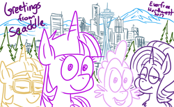 Size: 1280x788 | Tagged: safe, artist:adorkabletwilightandfriends, moondancer, spike, starlight glimmer, twilight sparkle, twilight sparkle (alicorn), alicorn, dragon, pony, adorkable twilight, city, cityscape, convention, convention art, efnw2017, everfree northwest, everfree northwest 2017, mountain, mountain range, seaddle, seattle, washington