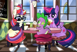 Size: 1697x1159 | Tagged: safe, artist:dsana, moondancer, spike, twilight sparkle, twilight sparkle (alicorn), alicorn, dragon, pony, unicorn, chair, clothes, commission, cute, drink, female, glasses, lamp, magic, mare, milkshake, smiling, spoon, sweater, table, trio