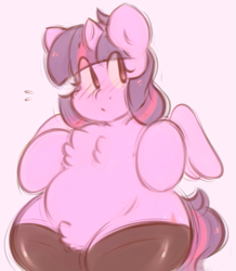 Size: 447x512 | Tagged: safe, artist:toroitimu, twilight sparkle, twilight sparkle (alicorn), alicorn, pony, chest fluff, chubby, clothes, female, mare, pubic fluff, solo, stockings, wide hips