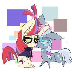Size: 1440x1440 | Tagged: safe, artist:dragonpone, derpibooru exclusive, moondancer, silver spoon, earth pony, pony, unicorn, blush sticker, blushing, crack shipping, ear fluff, eyes closed, female, floppy ears, glasses, heart, lesbian, magic, moonspoon, nuzzling, older, shipping, sitting, smiling