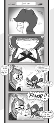 Size: 1451x3300 | Tagged: safe, artist:loreto-arts, moondancer, spike, dragon, comic:friendship is innuendo, blood, bloodstone scepter, blushing, changeling horn, cloak, clothes, comic, freudian slip, grayscale, innuendo, magical wave, monochrome, nosebleed, scepter, twilight scepter