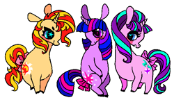 Size: 632x363 | Tagged: safe, artist:njeekyo, starlight glimmer, sunset shimmer, twilight sparkle, pony, chubby, counterparts, magical trio, tail bow, twilight's counterparts