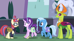 Size: 6400x3600 | Tagged: safe, artist:osipush, moondancer, starlight glimmer, thorax, trixie, changedling, changeling, pony, unicorn, absurd resolution, clothes, female, glasses, group, king thorax, looking at each other, mare, statue, story in the source