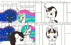 Size: 1024x657 | Tagged: safe, artist:eternaljonathan, princess celestia, princess luna, oc, oc:nemo, alicorn, pony, comic:a new twist, chubby, comic, guardian, horn ring, royal sisters, science fiction, traditional art