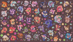 Size: 1600x926 | Tagged: safe, artist:phyllismi, apple bloom, applejack, babs seed, big macintosh, bon bon, button mash, coco pommel, derpy hooves, diamond tiara, discord, dj pon-3, doctor whooves, double diamond, fluttershy, granny smith, king sombra, limestone pie, lyra heartstrings, marble pie, maud pie, moondancer, octavia melody, pinkie pie, princess cadance, princess celestia, princess flurry heart, princess luna, rainbow dash, rarity, scootaloo, shining armor, silver spoon, spike, starlight glimmer, sunburst, sunset shimmer, sweetie belle, sweetie drops, trixie, twilight sparkle, vinyl scratch, alicorn, dragon, earth pony, pegasus, pony, unicorn, apple bloom's bow, applejack's hat, blushing, bow, bust, cowboy hat, cutie mark, cutie mark crusaders, everypony, female, filly, fire, fire breath, floppy ears, foal, glasses, hair bow, hat, jewelry, looking at you, looking away, male, mane seven, mane six, mare, one eye closed, open mouth, regalia, smiling, stallion, tiled background, wall of tags, wallpaper