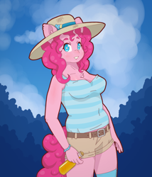 Size: 3000x3500 | Tagged: safe, artist:omegaozone, pinkie pie, anthro, alcohol, beer, breasts, chubby, cleavage, clothes, female, hat, pinkie pies, plump, shorts, socks, solo, tanktop