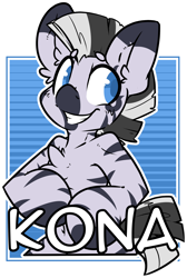 Size: 1518x2256 | Tagged: safe, artist:bbsartboutique, oc, oc:kona, zebra, badge, con badge, smiling, solo, zebra oc