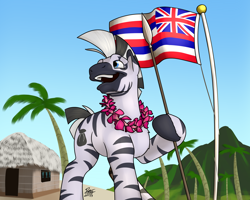 Size: 2500x2000 | Tagged: safe, artist:potes, oc, oc only, oc:kona, zebra, happy, hawaii, hawaiian, lei, male, mountain, palm tree, smiling, solo, spear, tree, weapon, zebra oc