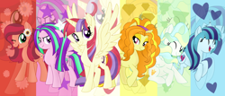 Size: 7000x3000 | Tagged: safe, artist:luckyclau, adagio dazzle, aria blaze, gloriosa daisy, moondancer, sonata dusk, vapor trail, pony, absurd resolution, alternate mane six, alternate universe, equestria girls ponified, ponified, the dazzlings