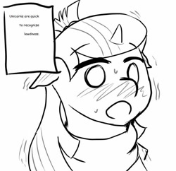 Size: 600x580 | Tagged: safe, artist:pony quarantine, moondancer, pony, unicorn, blushing, clothes, elves are quick to recognize lewdness, lewd, meme, monochrome, open mouth, ponified, solo, sweater