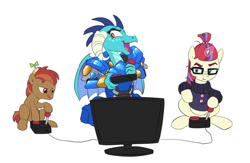 Size: 1224x800 | Tagged: safe, artist:carnifex, button mash, moondancer, princess ember, dragon, earth pony, pony, unicorn, clothes, commission, controller, dragoness, female, gamer, joystick, mare, open mouth, overwatch, pharah, simple background, smiling, sweater, time action glory challenge, trio, video game, white background