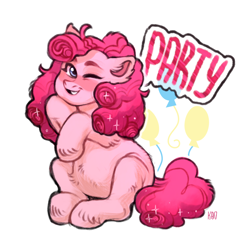 Size: 1280x1294 | Tagged: safe, artist:kapusha-blr, pinkie pie, earth pony, pony, belly fluff, blushing, chubby, cute, cutie mark, diapinkes, ear fluff, leg fluff, one eye closed, one word, smiling, solo, sparkles